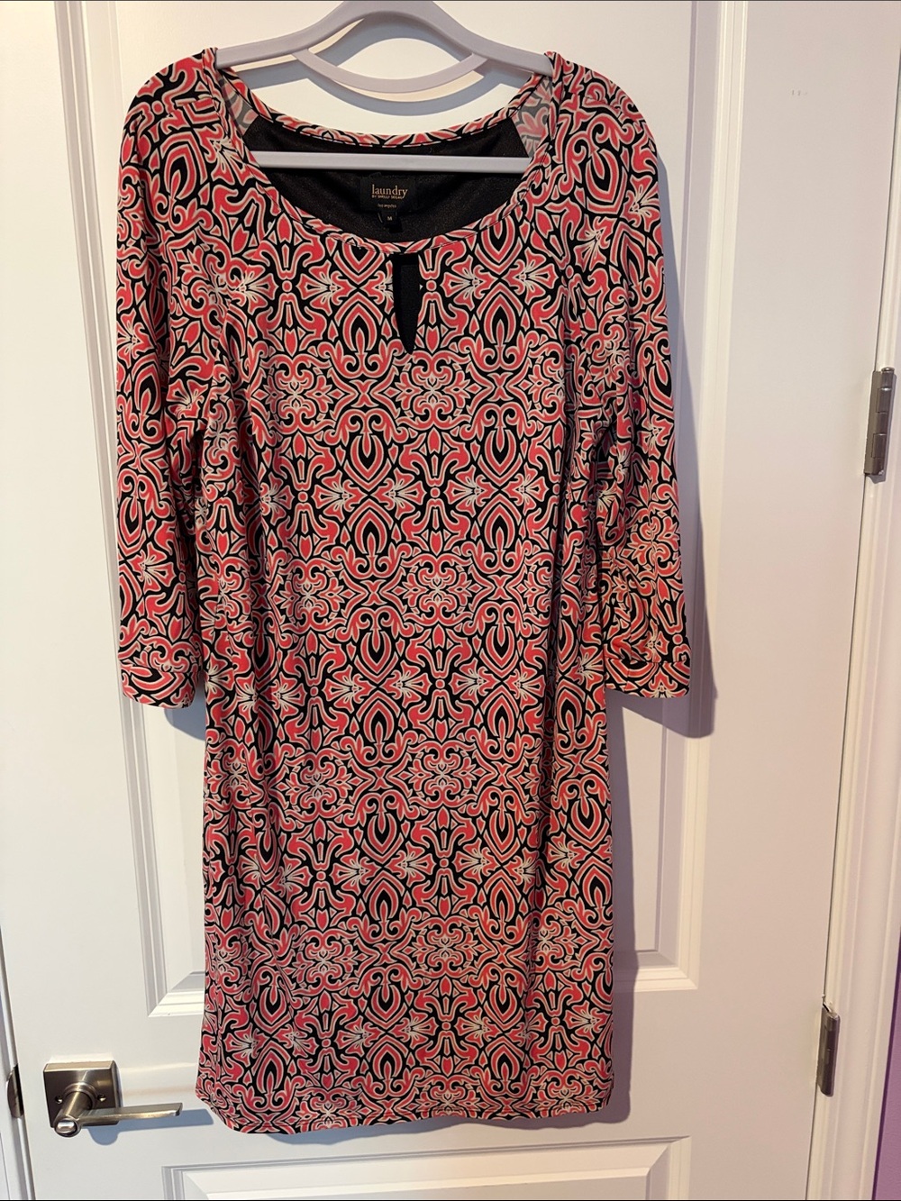 🧡 Laundry By Shelli Segal Coral, Beige and Black Geometric Midi Shift Dress.